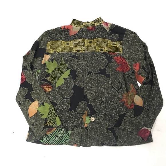 Citron Santa Monica Small 100% Silk Blouse Leaf Pattern Long Sleeve. - Picture 6 of 11